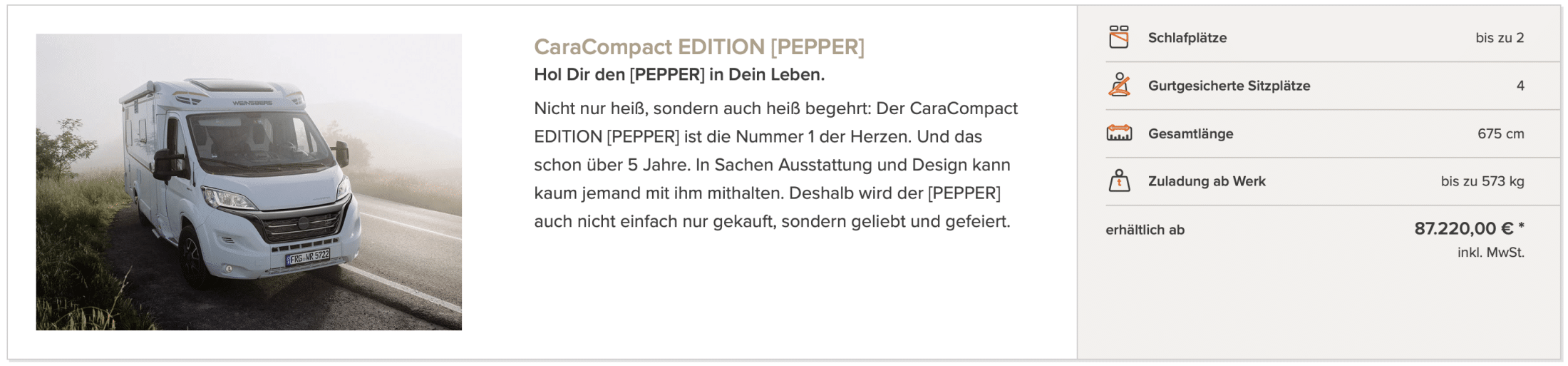 Weinsberg CaraCompact Edition Pepper teilintegriert
